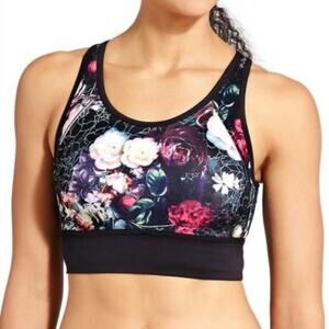 Athleta Movement Bralette Racerback Floral Sports Bra Black Multicolored XS